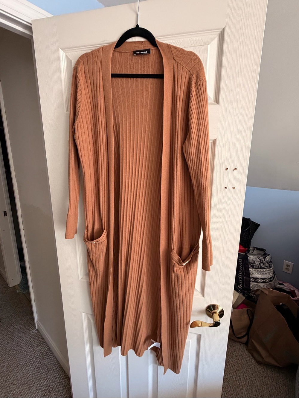 Express Long Ribbed Open-Front Cardigan - Camel/Tan